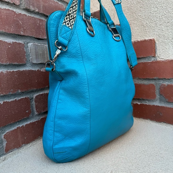 Charles Jourdan Leather Convertible Bag w/trendy guitar style strap in Aqua Blue - Picture 7 of 14